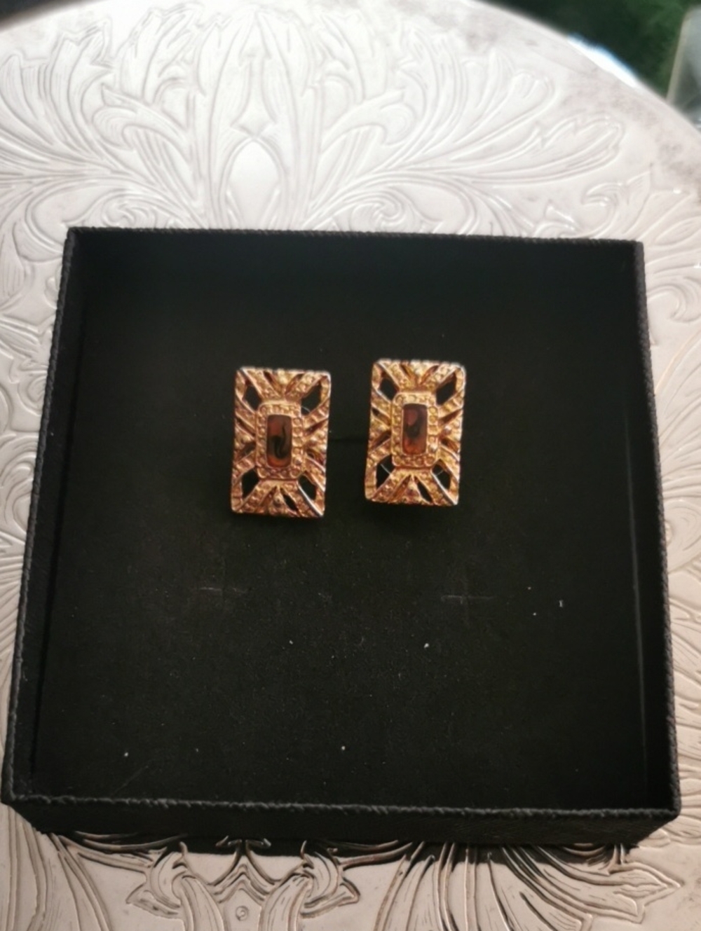 Gold Rectangular Vintage-Style Stud Earrings with Dark Gem